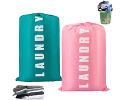 2 stuks - Waszak - Reiswaszak - Opvouwbare reiswaszak - Draagbare kleine waszak - Met trekkoordsluiting - Reistas voor vuile was - Grote waszak - 61 cm x 92 cm - Groen + Roze - Geschikt voor vuile was - Ideaal voor kamperen en reizen