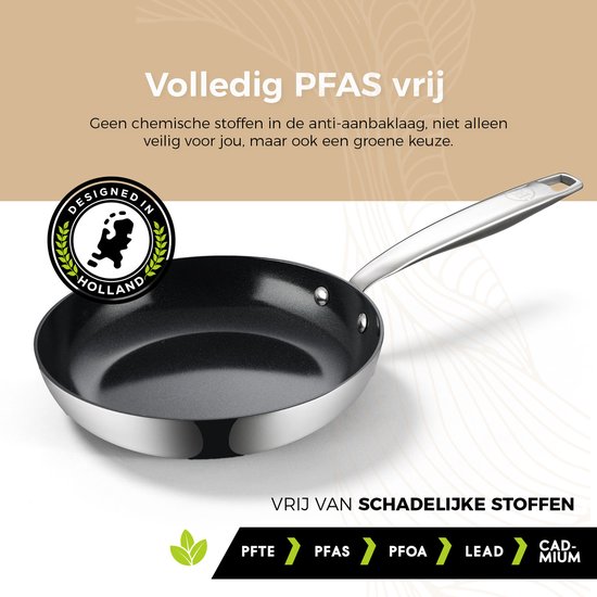 Zwarte koekenpan met een RVS handvat en de tekst "Volledig PFAS vrij".