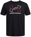 Zwart sportshirt met een grote rood-witte UA-logo opdruk op de borst.