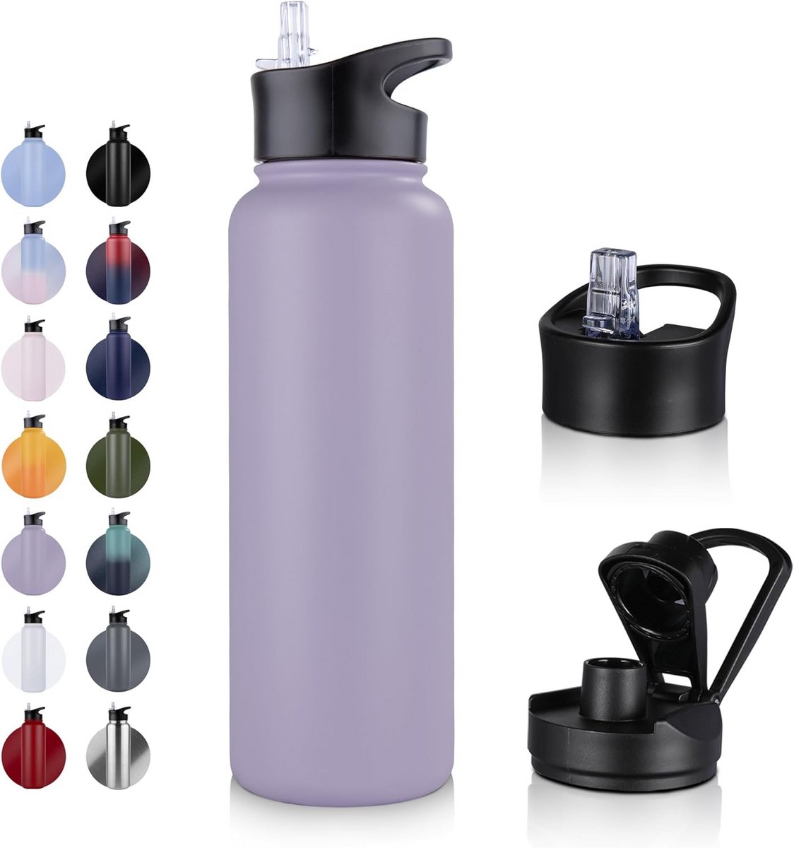 Geïsoleerde Waterfles 1200 ml met Dubbele Deksel - Benoem je Reisdorst en Sportbehoefte