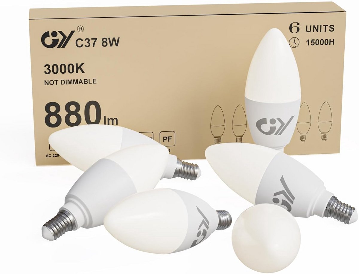 E14 Ledlamp 8W Warmwit - 880 Lumen, Energie-efficiëntie, Niet Dimbaar, 280 Graden Stralingshoek, 6 Stuks