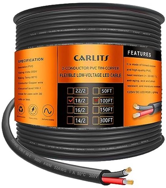 Produktbild von GearIT Lautsprecherkabel 18 AWG (2x1 Mm²) – 15 M CCA-Draht Für HiFi, Heimkino & Auto, Flexibel Mit Markierungen Alle 30 Cm