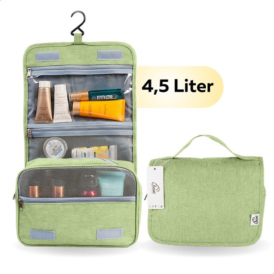 Lichtgroene toilettas van GOAT Outdoor met ophanghaak. De tas is 4,5 liter en heeft meerdere vakken, waaronder een doorzichtig vak.