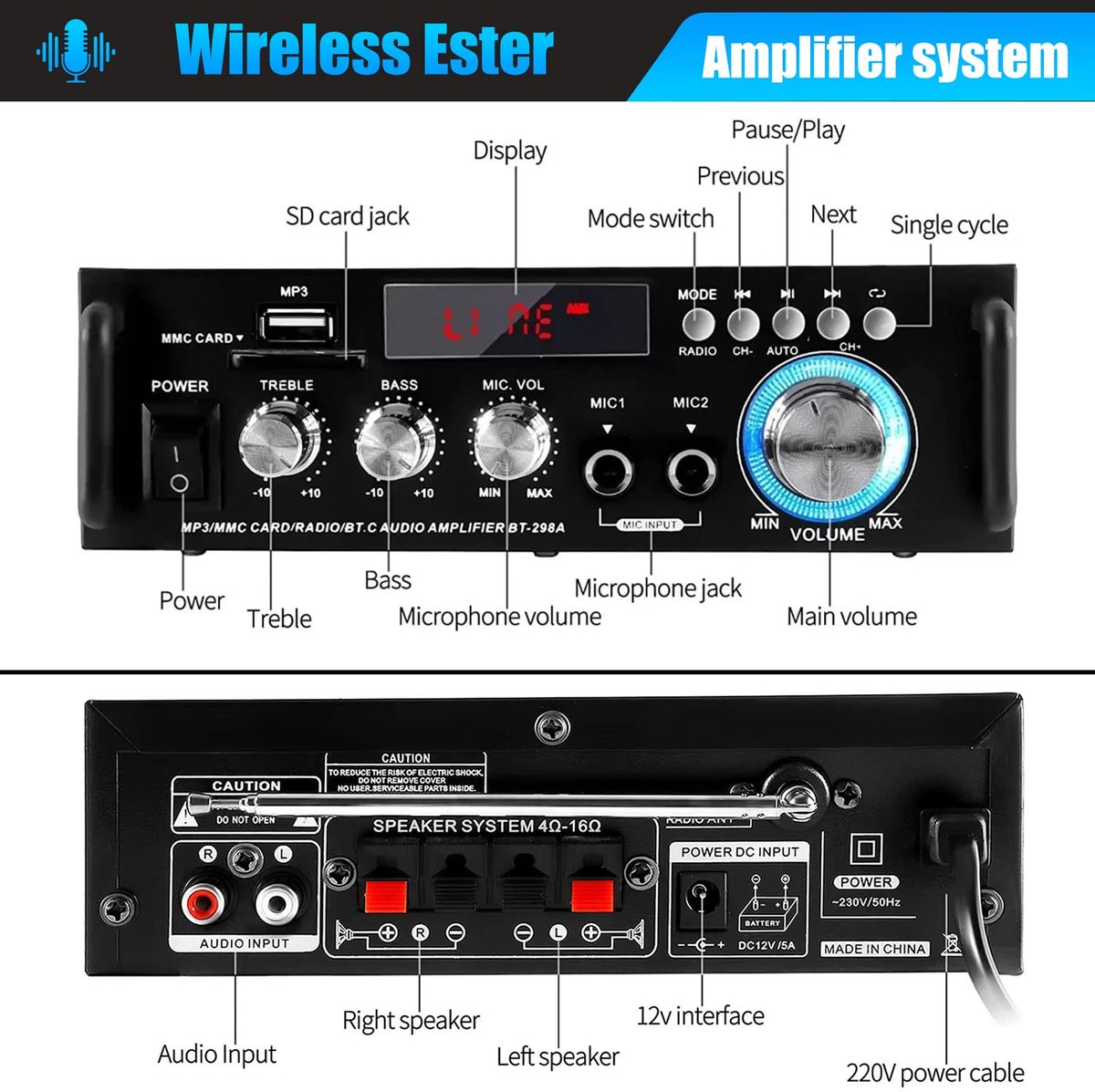 Mini-versterker - HiFi-versterker - Bluetooth 5.0-stereo - 12V/240V - 600W - Dual Channel - LCD-scherm - Draagbare FM-radio met Hoge Resolutie - SD/USB-kaartingang - voor Gebruik Thuis of in de Auto – foto 2