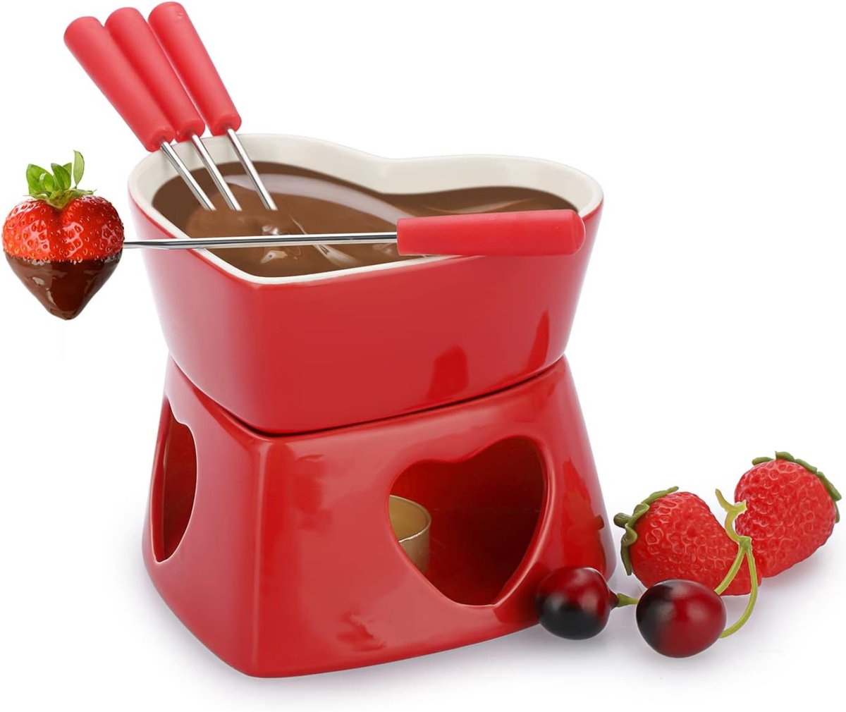 Kaasfondue Set - Hartvormig - 320 ML - Keramische Chocoladefondue Set - Theelichtfondue - Rood