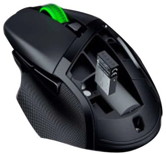 Zwarte Razer gaming muis, gezien van bovenaf, met een interne batterijruimte en een groene scrollwheel.