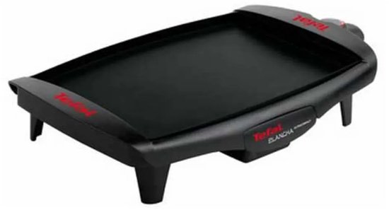 Zwarte Tefal Plancha Compact grillplaat met rode logo's.
