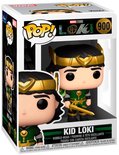 Funko Pop Kid Loki figuur in groene outfit met gouden helm, in verpakking.