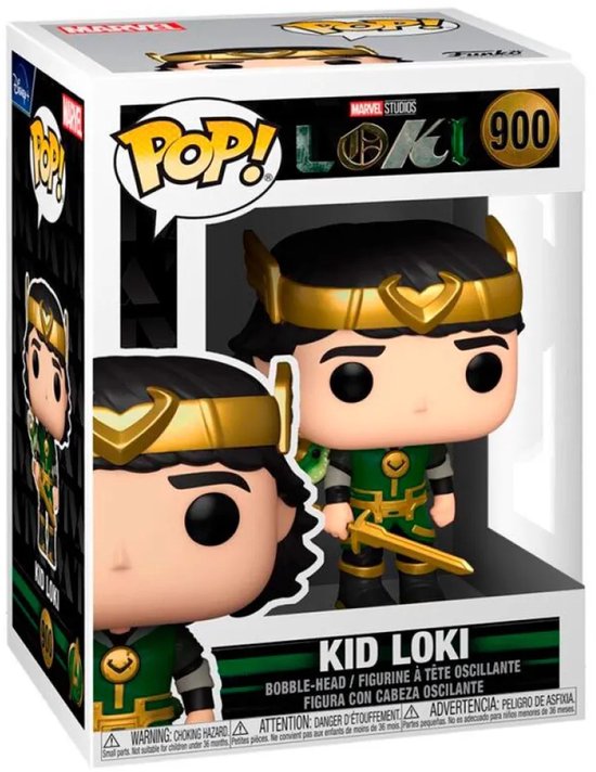 Funko Pop Kid Loki figuur in groene outfit met gouden helm, in verpakking.