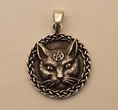 Zilveren hanger kat met pentagram op zijn kop - hanger kattenkop van 925 zilver - katten bedel voor aan ketting - sterling zilveren katten hangers voor katten liefhebbers - leuke cadeau kattenhouders