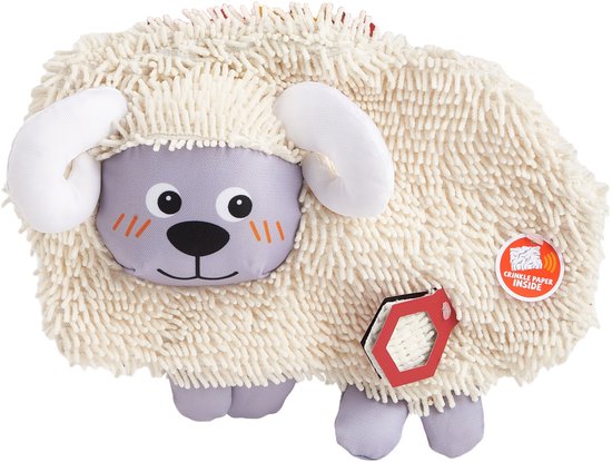 Crinkle Sheep speelgoed met crinkle paper. Witte vacht, grijze poten en gezicht, met witte hoorns.