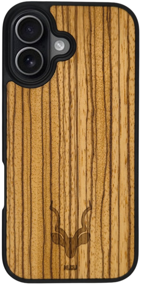 Kudu iPhone 17 hoesje case - Houten backcover - Handgemaakt en afgewerkt met duurzaam TPU - Zebrano - Zwart