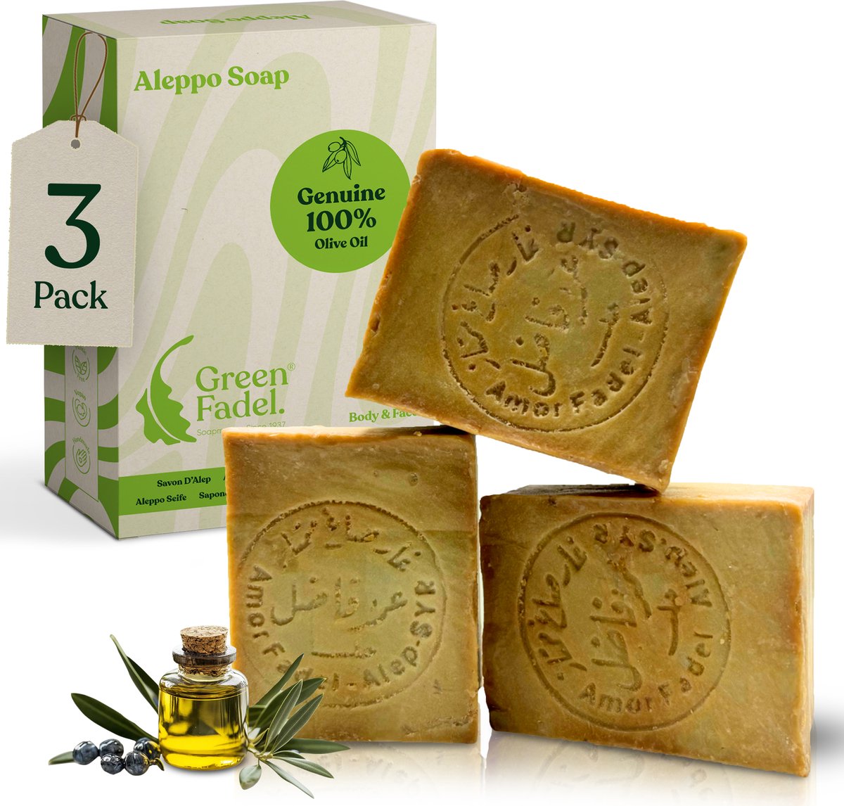 GREEN FADEL Aleppo Zeep 100% Olijfolie - 3 x 200g - Handgemaakt - Natuurlijke Zeep