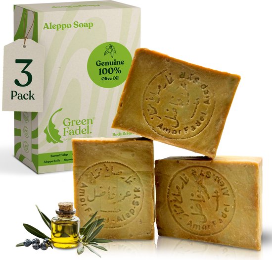 Green Fadel - Aleppo' Alep - 100% Huile d'Olive - Savon d'Alep - 3 blocs - +/- 600 g - Incl. Sac à savon