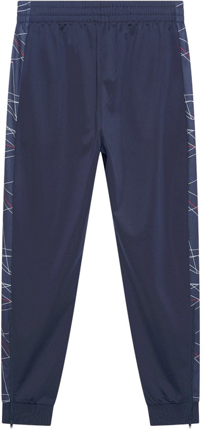 Donkerblauwe trainingsbroek met FFF-logo en geometrische patronen op de zijkanten.