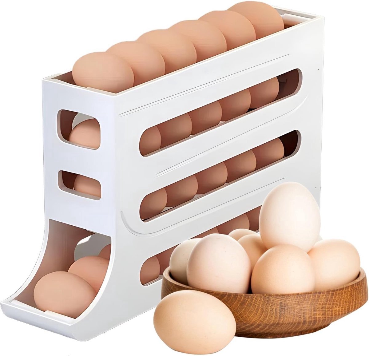 Eierdispenser Koelkast Organizer - 4 Laags Ei Opbergdoos - Automatisch Rollend Eierrek - Voor 28 Eieren - Compacte Koelkast Opberger