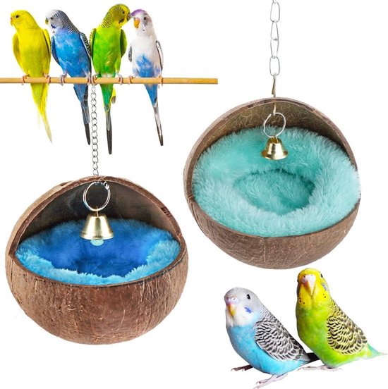 2 Natuurlijke vogelnestjes van kokosnoot - 2 kleuren - Vogelhuisje - Broednest - Anti-pikken - Inclusief warmtekussen en bel - Geschikt voor papegaaien, grasparkieten, langstaartpapegaaien, valkparkieten, parkieten, agaporniden, kanaries en vinken