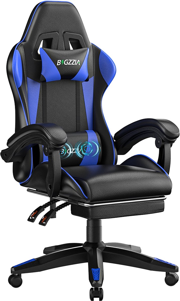 BIGZZIA Gamingstoel - Ergonomische gamestoel - Lendenkussen met massagefunctie - Hoofdsteun en voetsteun - 90°-135° verstelbaar - In hoogte verstelbaar - Draagvermogen 136 kg - zwart en blauw