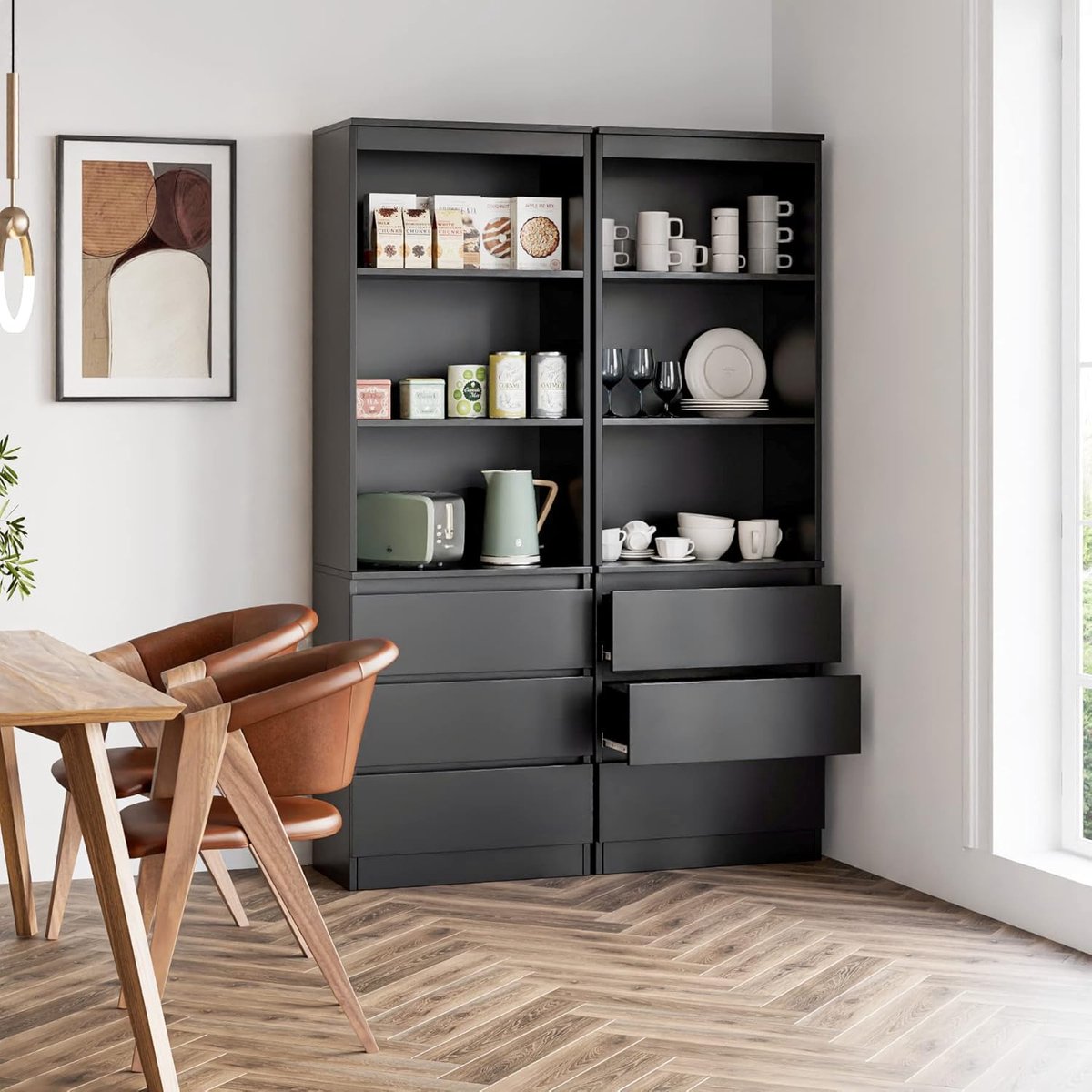 Image of 180 cm Hoge Multifunctionele Boekenkast met 3 Lades en 3 Open Planken | Vrijstaande Opbergkast voor Woonkamer, Slaapkamer of Kantoor | Modern Design, Zwart