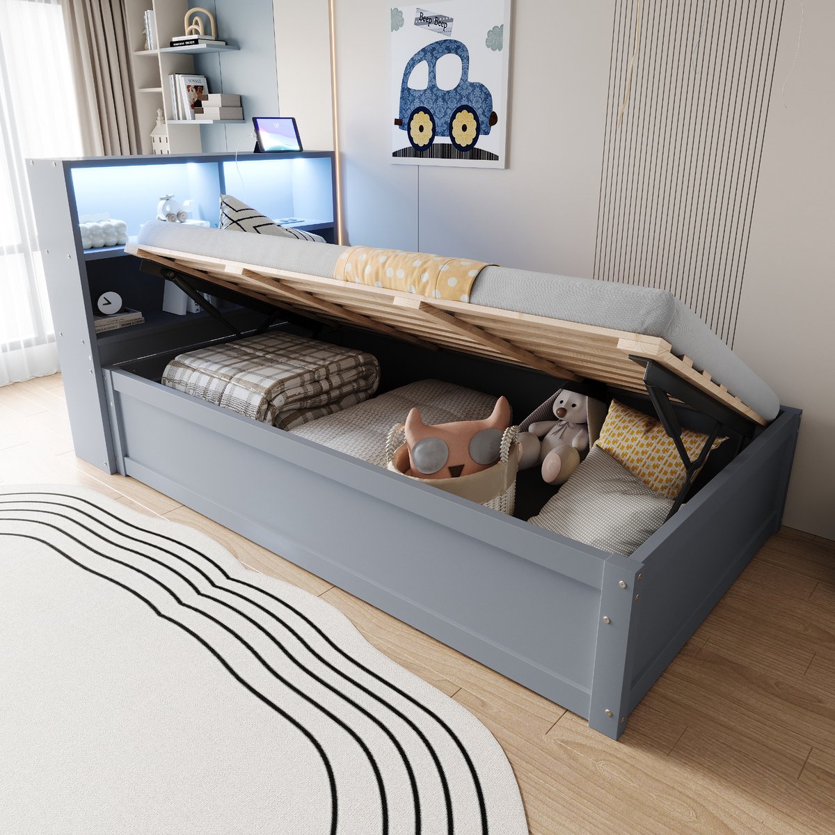 Wishdor Slaapbankbed 90x200 cm - Met LED, Stopcontact & Hydraulische Lift - Smart Home Oplossing - Hout - Grijs