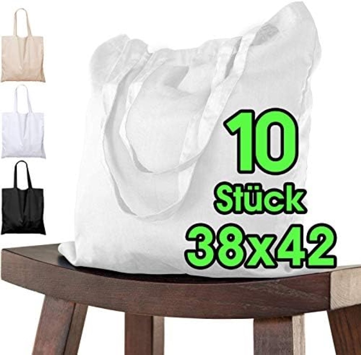 PromoHome Katoenen Boodschappentassen 38 x 42 cm - Set van 10 - Duurzaam en Veelzijdig "Wit"