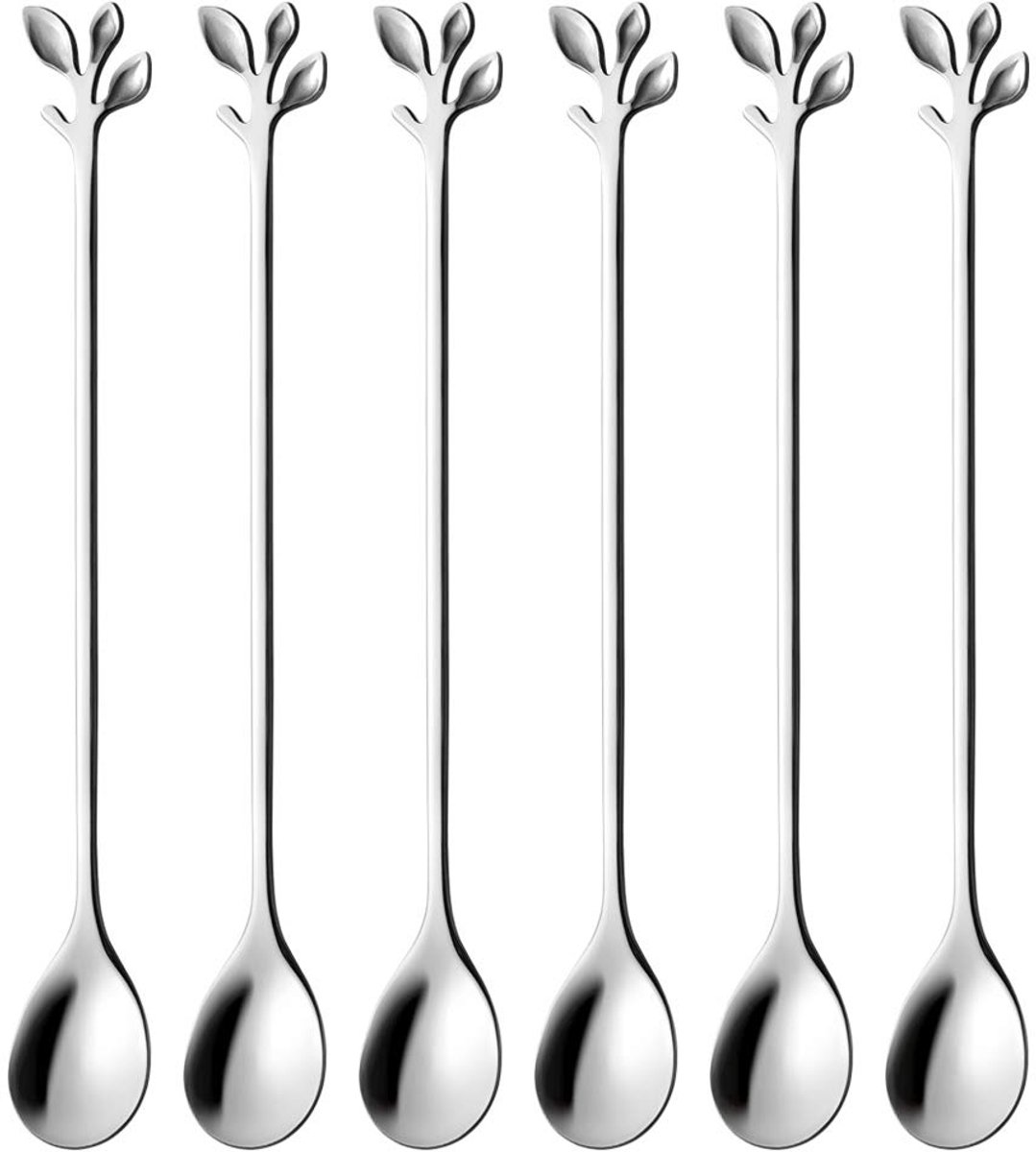 6 lange ovale lepels – Latte macchiato – Dessertlepels set – 18.6cm – IJslepels - Theelepels - Bladvormig handvat - zilver