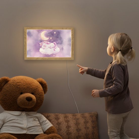 Nachtlampje 30x20 cm - Kinder lampje - Eenhoorn - Paars - Sterrenhemel - Maan - Tafellamp kinderkamer - Slaapkamer lamp - Bedlamp kinderen - Kinderlampje stopcontact - Wandlamp babykamer - Nachtlampjes van Merkloos — afbeelding 5