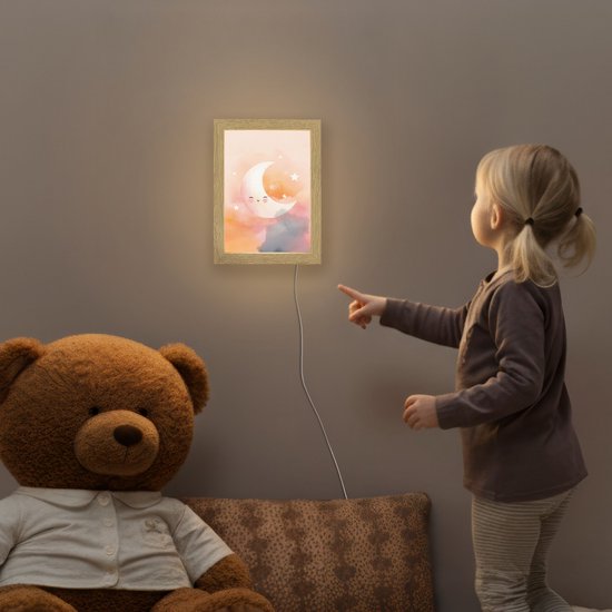 Nachtlampje 15x20 cm - Kinder lampje - Maan - Gezichtje - Sterren - Roze - Tafellamp kinderkamer - Slaapkamer lamp - Bedlamp kinderen - Kinderlampje stopcontact - Wandlamp babykamer - Nachtlampjes van OnlyWow — afbeelding 5
