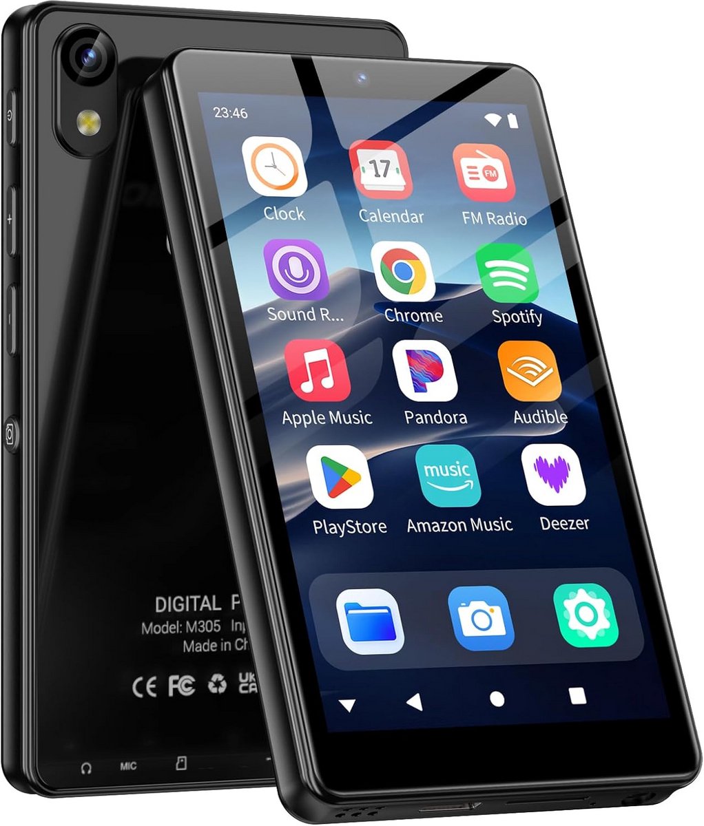 MP3-speler met Bluetooth en WiFi - 4.02 inch HD touchscreen - Android 13 - 4GB RAM - 32GB ROM - uitbreidbaar tot 128GB - Camera - Spotify - Audible - Deezer - FM-radio - voor muziek en video