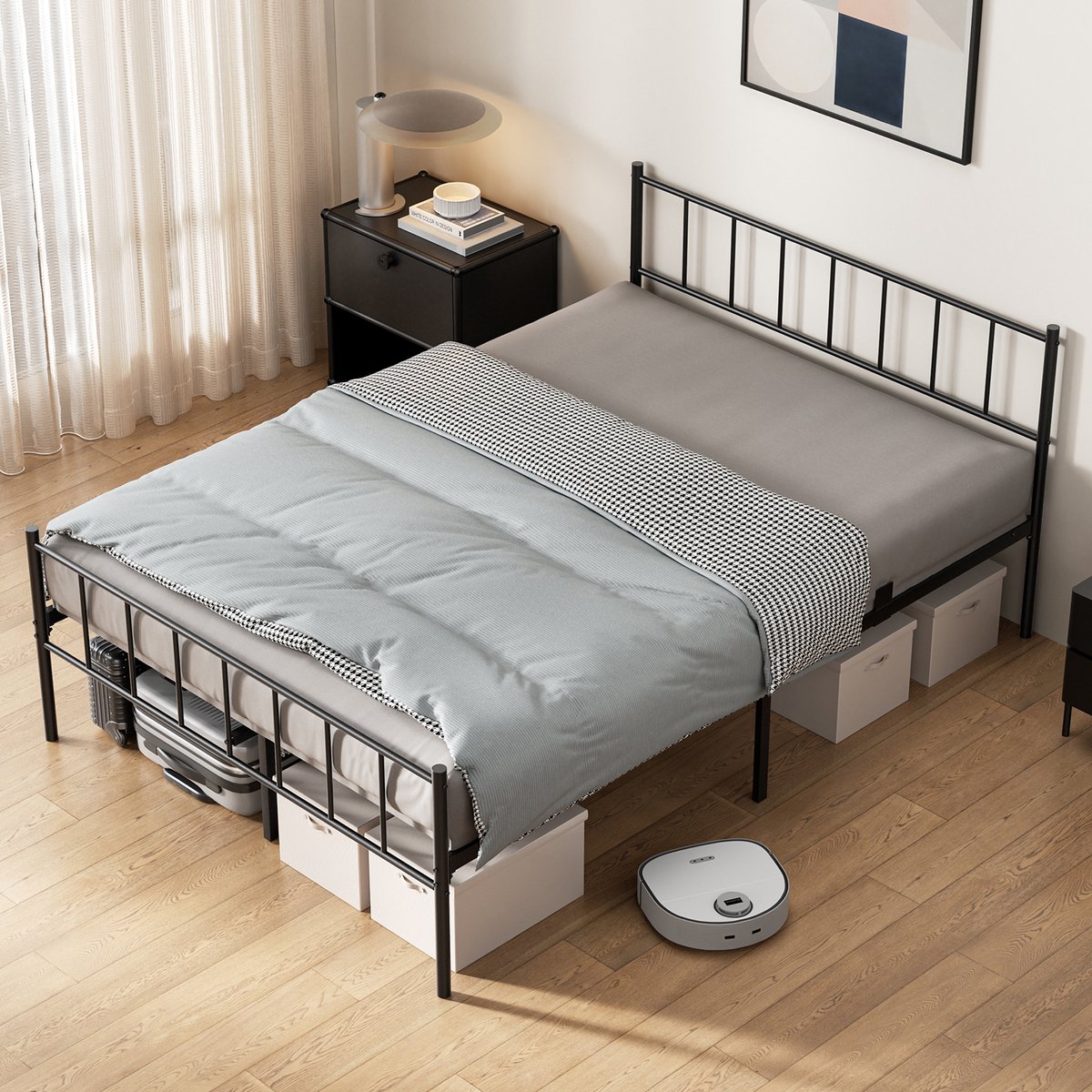 Auralum® Metalen Bed 140x190 cm - Minimalistisch Tweepersoonsbed - Met Met Hoofd- & Voeteneinde - Extra Stevig - Anti Slip - Grote Opbergruimte - Eenvoudig te Monteren - Lattenbodem - IJzeren