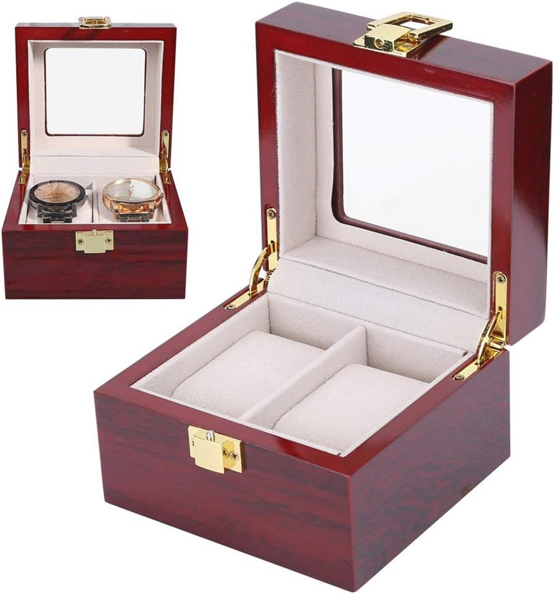 Elegante Horlogebox voor 2 Horloges met Glazen Deksel en Afneembare Kussens
