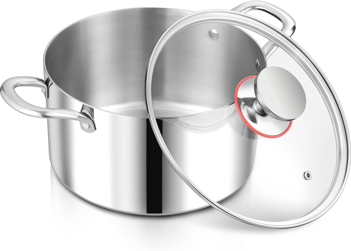 Rvs Kookpan met Glazen Deksel - 22 cm Inductie Geschikt - Gezond Koken zonder Coating - Ovensafe