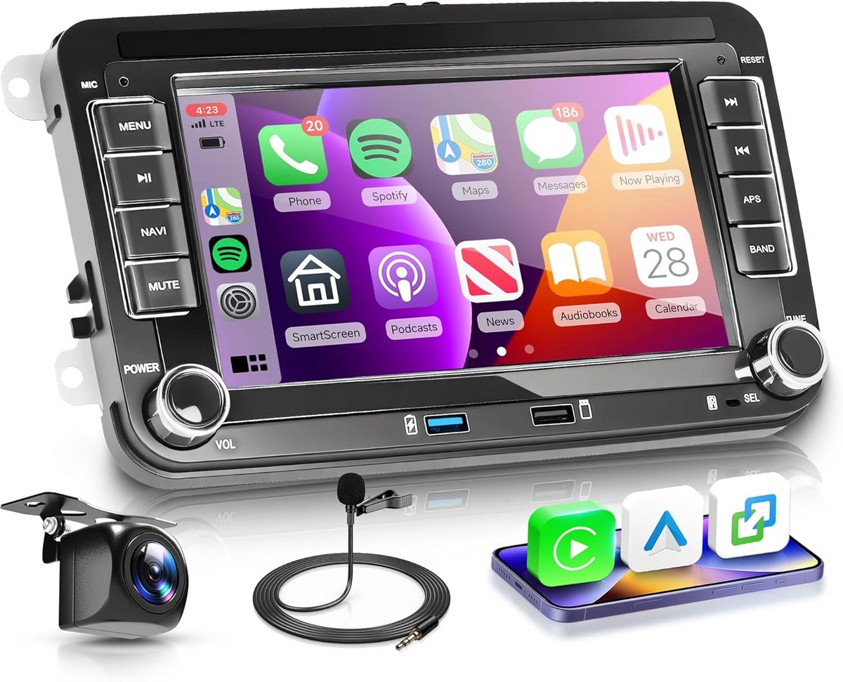 Android 2 Din Autoradio 7 inch met Draadloze Carplay voor VW Golf, Passat, Polo en Skoda