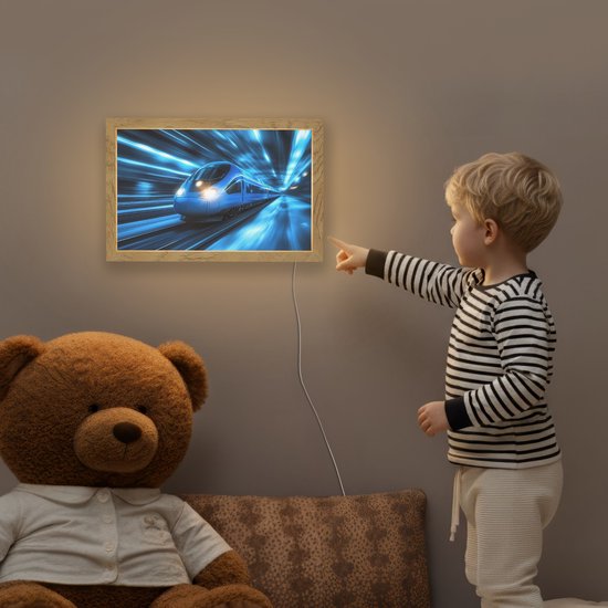Nachtlampje 30x20 cm - Kinder lamp - Trein - Blauw - Neon - Tafellamp kinderkamer - Slaapkamer lamp - Bedlamp kinderen - Kinderlampje stopcontact - Wandlamp babykamer - Nachtlampjes van Merkloos — afbeelding 5