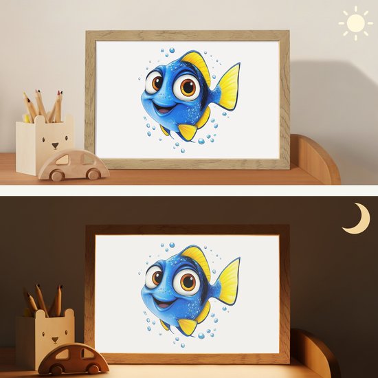 Nachtlampje 30x20 cm - Kinder lampje - Doktersvis - Blauw - Vis - Spetters - Tafellamp kinderkamer - Slaapkamer lamp - Bedlamp kinderen - Kinderlampje stopcontact - Wandlamp babykamer - Nachtlampjes van OnlyWow — afbeelding 4