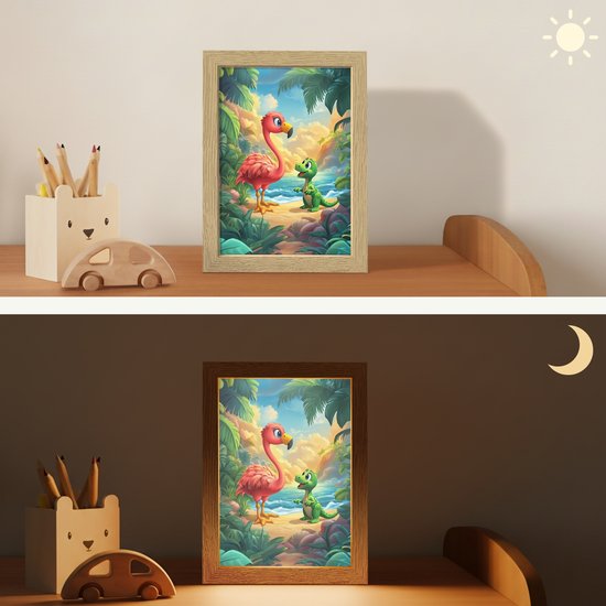 Nachtlampje 15x20 cm - Kinder lampje - Flamingo - Dinosaurus - Strand - Kleurrijk - Tafellamp kinderkamer - Slaapkamer lamp - Bedlamp kinderen - Kinderlampje stopcontact - Wandlamp babykamer - Nachtlampjes van OnlyWow — afbeelding 4