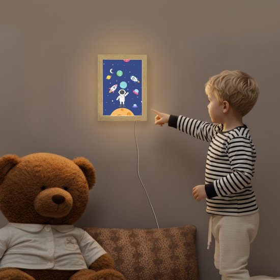 Nachtlampje 15x20 cm - Kinder lampje - Ruimte - Astronaut - Raket - Blauw - Tafellamp kinderkamer - Slaapkamer lamp - Bedlamp kinderen - Kinderlampje stopcontact - Wandlamp babykamer - Nachtlampjes van Merkloos — afbeelding 5