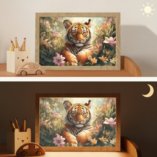 Nachtlampje 30x20 cm - Kinder lampje - Tijger - Bloemen - Jungle - Dieren - Tafellamp kinderkamer - Slaapkamer lamp - Bedlamp kinderen - Kinderlampje stopcontact - Wandlamp babykamer - Nachtlampjes van Merkloos — afbeelding 4