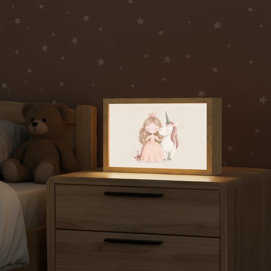 Nachtlampje 30x20 cm - Kinder lampje - Prinses - Eenhoorn - Pastel - Tafellamp kinderkamer - Slaapkamer lamp - Bedlamp kinderen - Kinderlampje stopcontact - Wandlamp babykamer - Nachtlampjes van OnlyWow — afbeelding 2