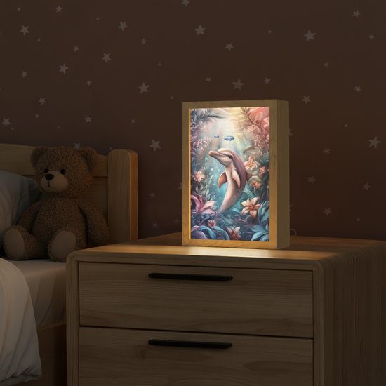 Nachtlampje 20x30 cm - Kinder lampje - Dolfijn - Vissen - Onderwaterwereld - Bloemen - Tafellamp kinderkamer - Slaapkamer lamp - Bedlamp kinderen - Kinderlampje stopcontact - Wandlamp babykamer - Nachtlampjes van OnlyWow — afbeelding 2