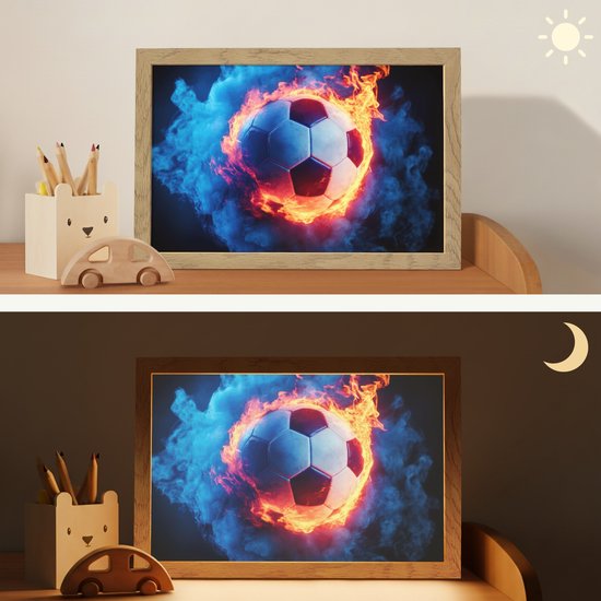 Nachtlampje 30x20 cm - Kinder lamp - Voetbal - Vuur - IJs - Blauw - Tafellamp kinderkamer - Slaapkamer lamp - Bedlamp kinderen - Kinderlampje stopcontact - Wandlamp babykamer - Nachtlampjes van Merkloos — afbeelding 4