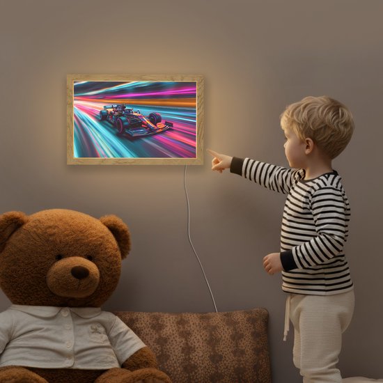 Nachtlampje 30x20 cm - Kinder lampje - Racen - Auto - Race - Jongens - Kleurrijk - Tafellamp kinderkamer - Slaapkamer lamp - Bedlamp kinderen - Kinderlampje stopcontact - Wandlamp babykamer - Nachtlampjes van Merkloos — afbeelding 5