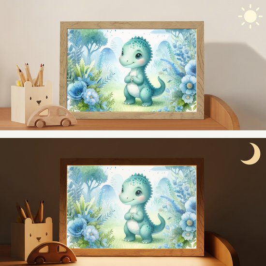 Nachtlampje 30x20 cm - Kinder lampje - Dino - Baby - Regenboog - Pastel kleuren - Tafellamp kinderkamer - Slaapkamer lamp - Bedlamp kinderen - Kinderlampje stopcontact - Wandlamp babykamer - Nachtlampjes van OnlyWow — afbeelding 4