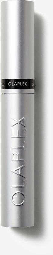Zilverkleurige metalen huls van Olaplex Lashbond serum met reliëf logo.