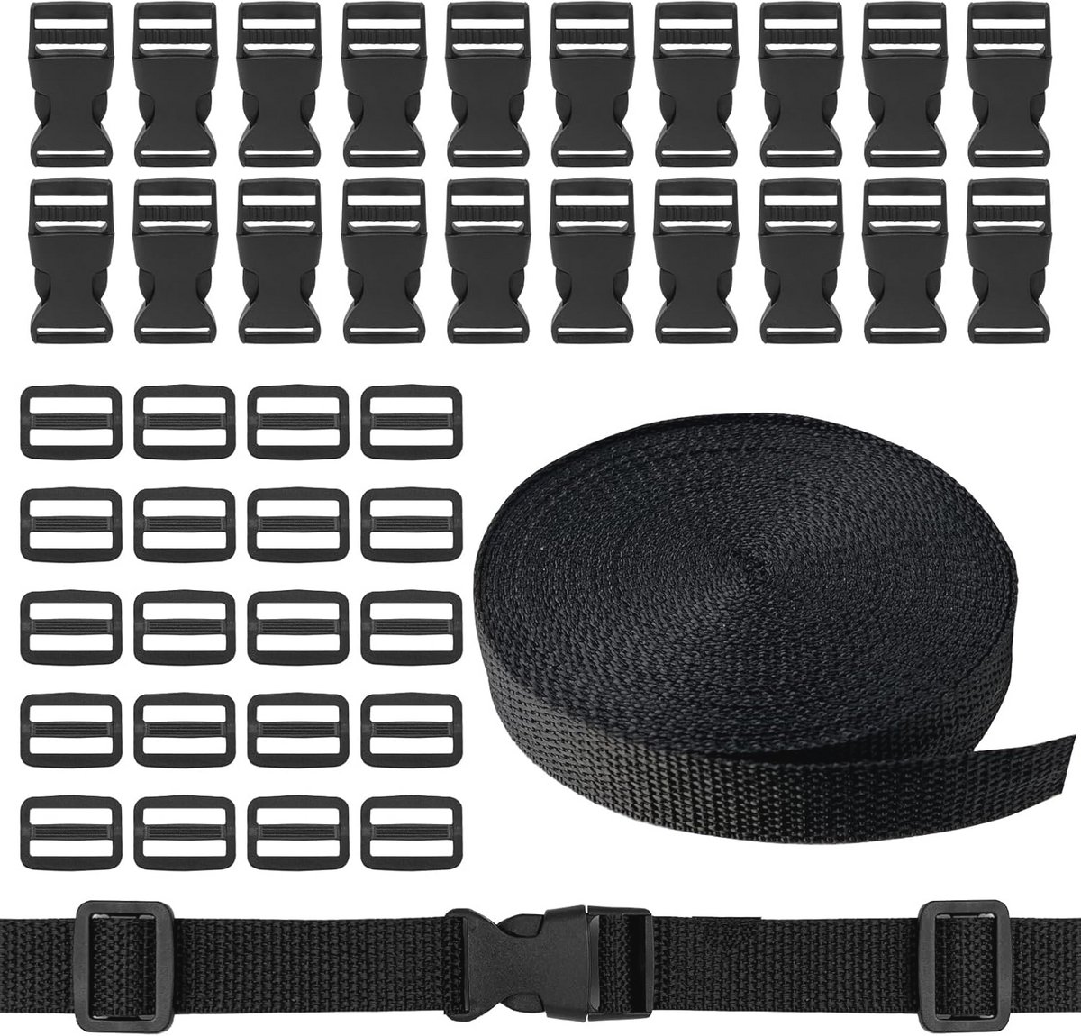 10 Meter Nylon Riem met 20 Gespen - Zwarte Nylon Band met Snelsluiting voor Rugzak en Bagage