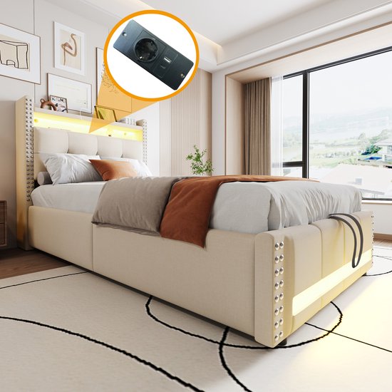 SINGULARITY -Gestoffeerd Kinderbed 90x200 Bed Met LE Lichtstrip  Bluetooth Speler En Usb Oplader  Hoogslaperkast  Jeugdbed Met Lattenbodem  Zonder Matras 1165700765