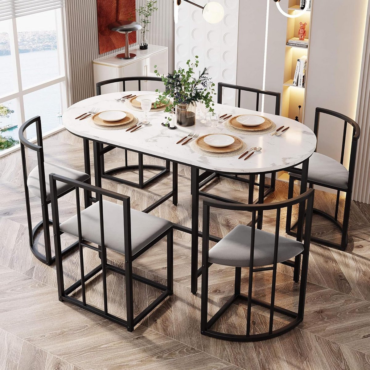 Eettafel Set 6 Stoelen - MDF Blad met Zwarte Tafelpoten - Moderne Eetkamer Groep voor Keuken en Woonkamer