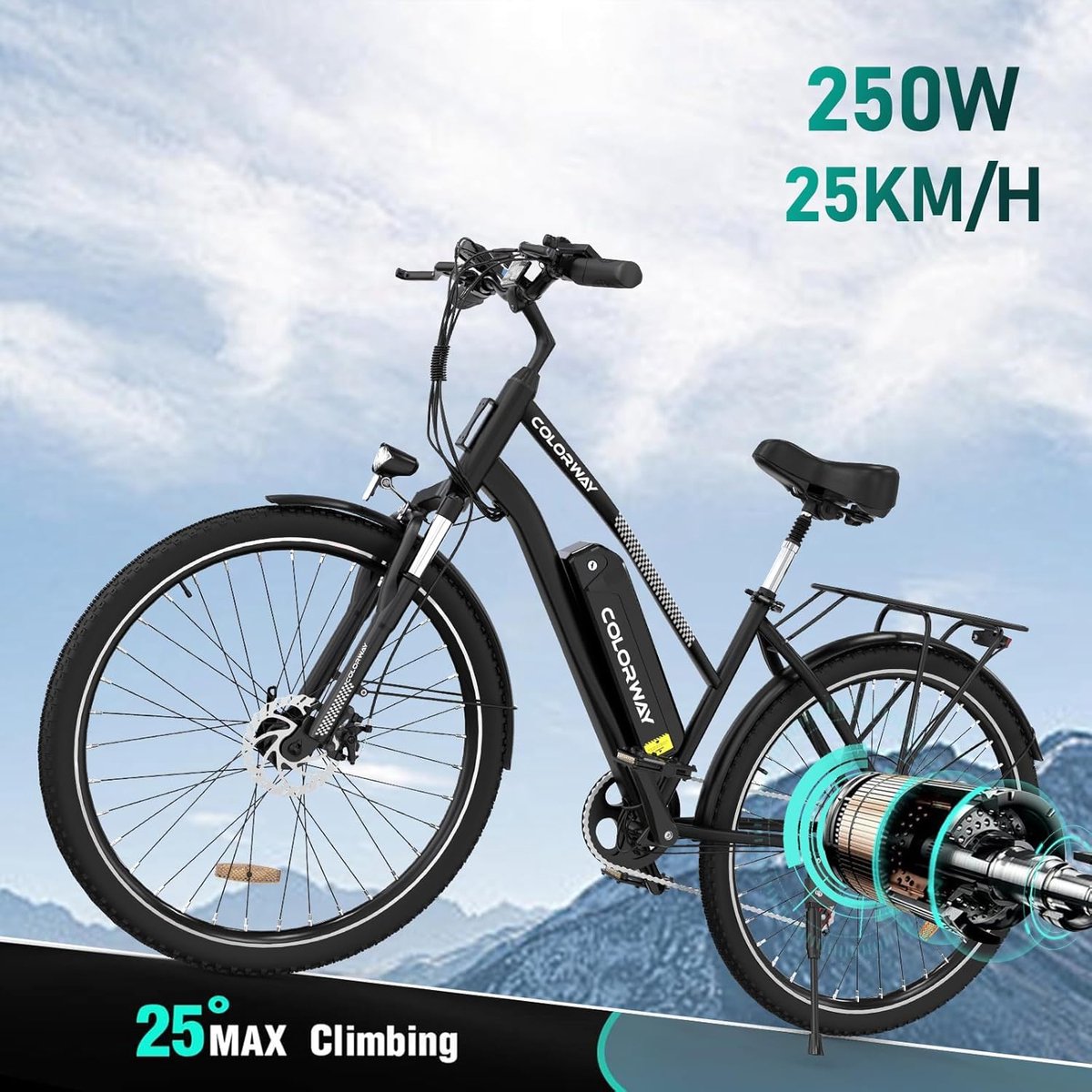 Colorway Elektrische Fiets BK31 - 28 Inch City Commuter EBike met Afneembare 36V 15Ah Lithium Batterij - Damesfiets - E-Bike met 250W Motor - 7 Versnellingen - IP54 Waterdicht - afbeelding 2