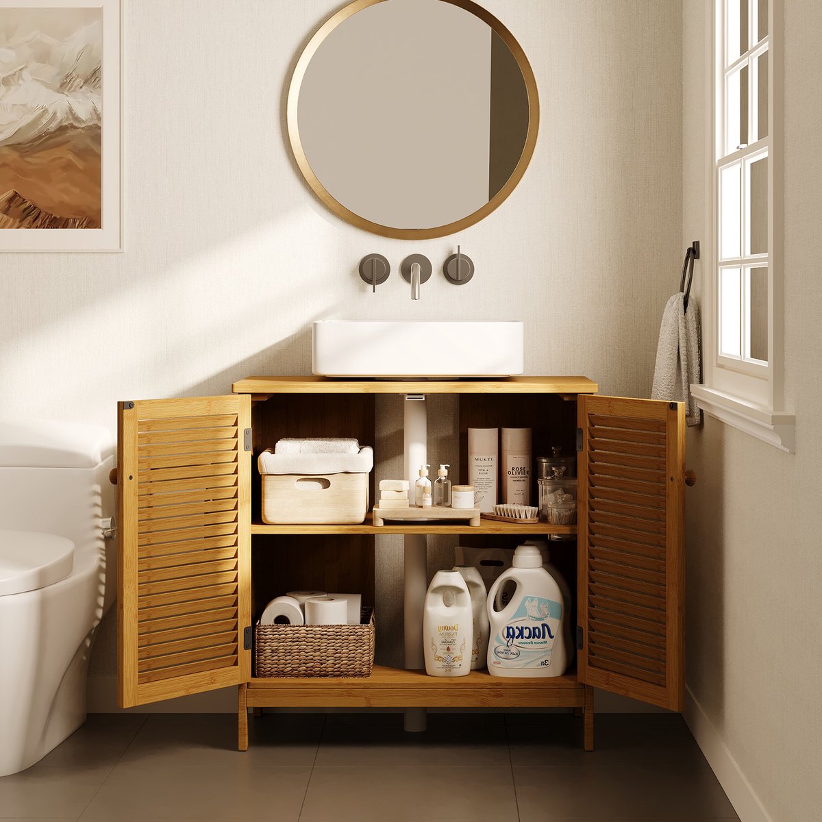 Bealife AP01 Wastafelkast - Badmeubel met 2 Lamellendeuren & Verstelbare Plank - 60x30x60 cm - Natuur