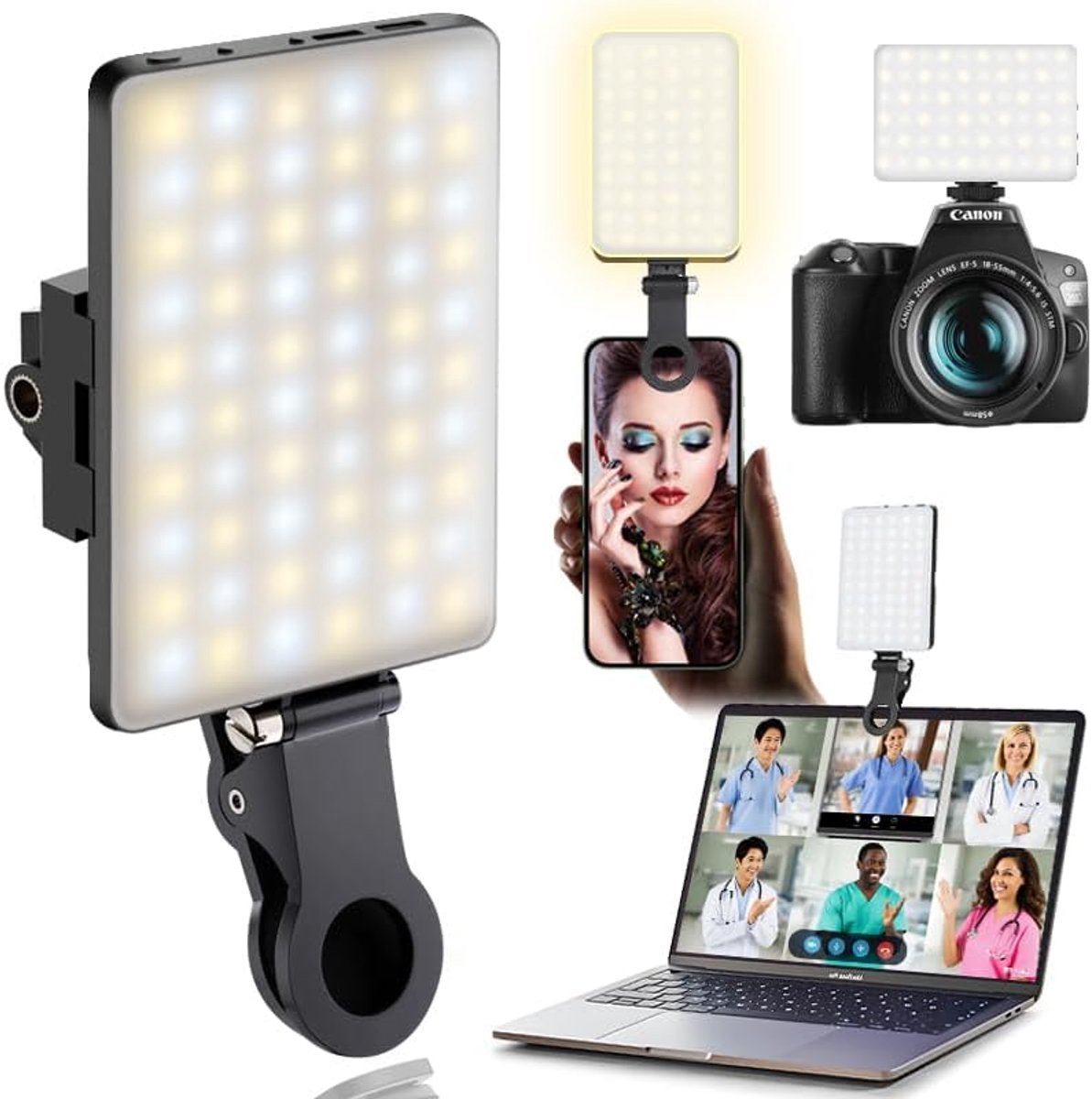 Opklikbare selfie-invulverlichting-invullamp - 60 LED's, drie dimstanden - invullamp voor livestreaming met mobiele telefoon - beautylamp voor tablet - 18,20*8,50*3,50 cm - voor livestreaming, make-up en vloggen - zwart